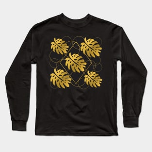 Golden Monstera Leaves Pattern on Black Long Sleeve T-Shirt